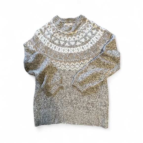 LOFT Fair Isle Soft Wool Blend Sweater Beige Gray Nordic Knit Winter Pullover L - Picture 6 of 12